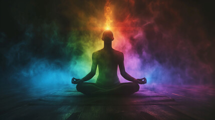 Realistic evolving in meditation with light aura - obrazy, fototapety, plakaty