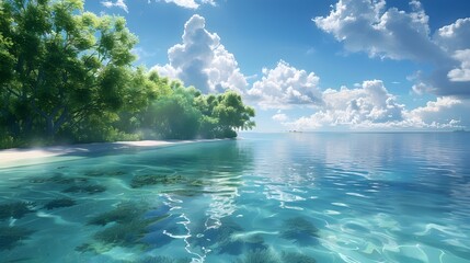 Serene Vanilla Island Lagoon: A Tropical Paradise of Crystal-Clear Waters and Vanilla Bean Trees - obrazy, fototapety, plakaty