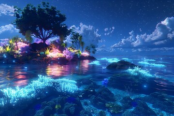 Starry Night on a Bioluminescent Coral Island: A 3D Modeling Masterpiece