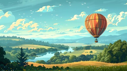 Obraz premium Tranquil Vanilla Island Hot Air Balloon Ride: A Peaceful Aerial Journey over Lush Vanilla Bean Fields and Rivers