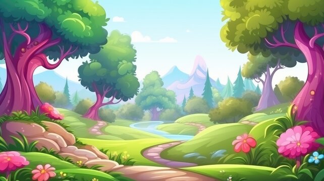 Whimsical Forest Abode: Colorful Trees & Cozy Cottage Cartoon Scene