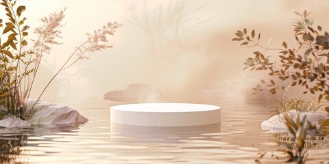 A white cylinder floats in liquid among plants, surrounded by water and grass