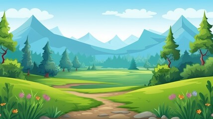 Enchanting Nature Landscape: Vibrant Greenery with Serene Mountains and Clear Sky