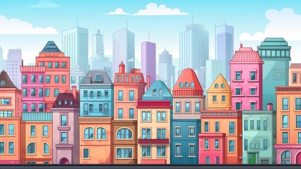 Whimsical Urban Panorama: Colorful Cartoon Cityscape Illustration