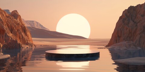 A canoe drifts on the lake, surrounded by mountains, under a vast sky - obrazy, fototapety, plakaty