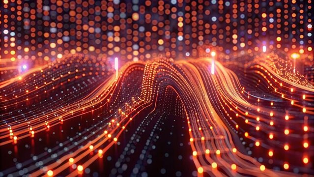 Digital data stream background with binary code and glowing lights
