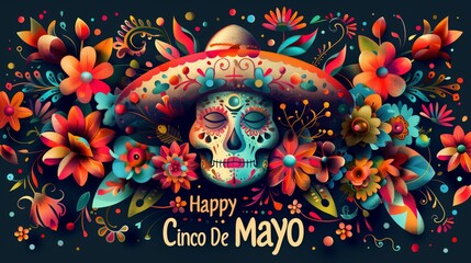 Colorful elegant Cinco De Mayo typography surrounded by flowers, Happy Cinco De Mayo message for Mexican celebration day - obrazy, fototapety, plakaty