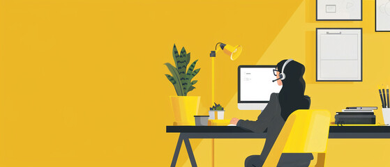 Efficient work from home setup, woman in business attire on call, minimalistic yellow design, productivity , realistic, hyper resolution, ultra clar
