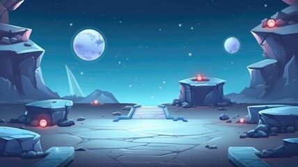 Naklejka premium Mystical Space Landscape, Alien Planet with Moons and Stars, Sci-Fi Background