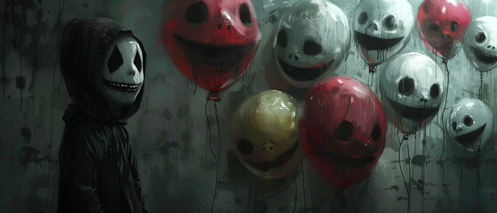 Haunting young specter with an array of grimacing balloon faces, dark whimsy