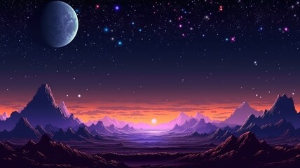 Fototapeta na wymiar Mystical Cosmic Landscape, Serene Alien Planet with Mountains and Moons