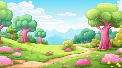 Enchanting Cartoon Landscape, Vibrant Nature and Serene Pathway