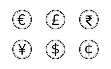 黒色の6種類の通貨記号