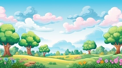Nature Cartoon Landscape, Vibrant Colors, Playful Trees, and Fluffy Clouds