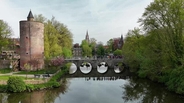 Bruges. Bridge on the lake of love, tourist location. A city in Belgium
