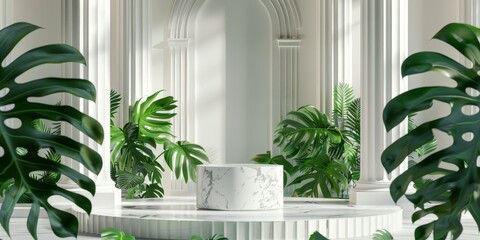White marble podium surrounded by tropical plants in a room
