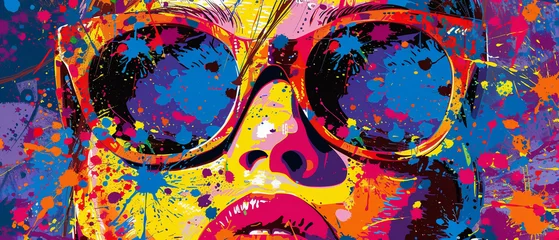 Türaufkleber Pop art chic sunglasses and vivid splatters in a dance of retro flair © thowithun