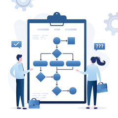Work algorithm. businesspeople drawing workflow diagram process. Business process or model, flowchart to get result, map or plan for business procedure, solution. - obrazy, fototapety, plakaty