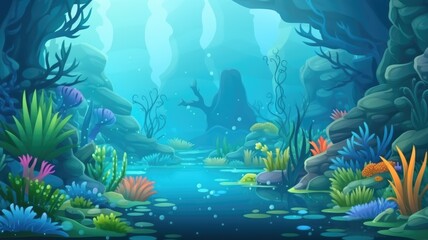 Fototapeta na wymiar Enchanting Underwater Seascape, Vibrant Marine Life and Sunbeams Illustration
