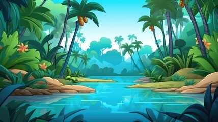 Fototapeta na wymiar Tropical Paradise: Lush Greenery, Serene Waters, and Exotic Flora Cartoon Background
