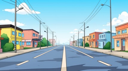 Fototapeta na wymiar Urban street landscape with empty road and electric poles, buildings with hotel or small shop, cafe and restaurant cartoon