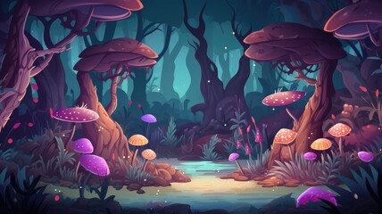 Enchanted Forest Night Scene with Magical Glowing Mushrooms