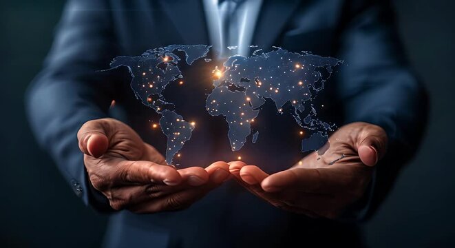  Businessman hand touching virtual screen with world map on dark background, in the digital global business concept.