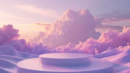 Minimalist pink round pedestal showcases for product against a dramatic pink cloudscape. 3D mockup