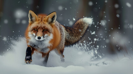 A fox is running through the snow, leaving a trail of paw prints behind it. Concept of freedom and playfulness. a red fox gracefully moving through the powdery snow in a forest. - obrazy, fototapety, plakaty