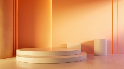 A minimalist orange stage platform showcase on orange room backdrop. 3D mockup podium display