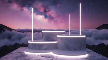 Futuristic cylinder neon product display with concrete floor and dreamy Milky Way sky