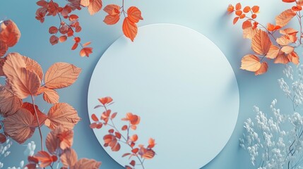 Top view minimalist white circle platform stage with colorful autumn foliage on a blue background