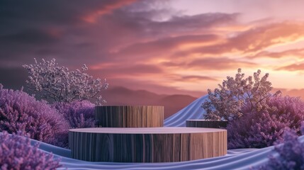 Round wooden podium product stands in a lavender field and sunset sky background. Mockup display