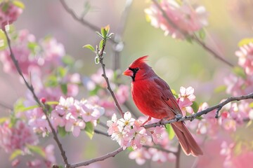 A red bird is perched on a branch of a tree, overlooking its surroundings