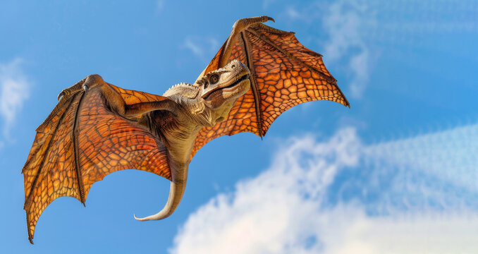A dragon with orange wings flies through the sky. The sky is blue with some clouds. The dragon is the main focus of the image. flying dinosaur