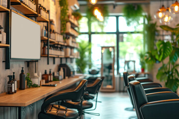 Chic and modern hair salon interior with stylish chairs and elegant design elements.