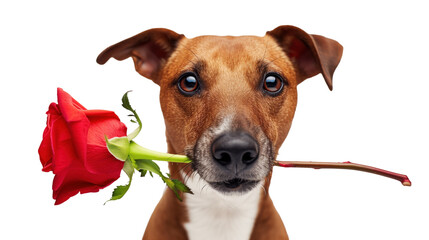 Adorable brown dog holding a red rose in its mouth isolated on transparent background