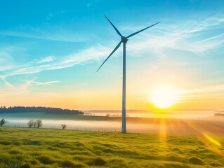 Photo of a wind turbine in a field at sunrise