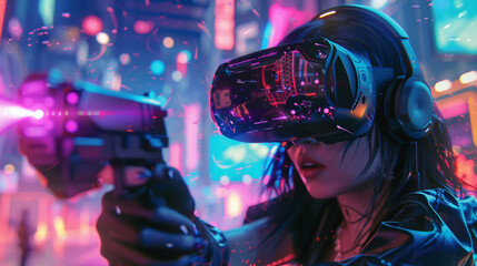 A dynamic action shot of a gothic anime gamer girl, engaged in a VR game, neon and horn elements blending into a vivid fantasy scene - obrazy, fototapety, plakaty