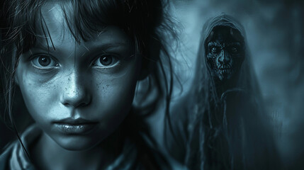 Dark thematic image of a girl with a fearful expression and a shadowy figure looming - obrazy, fototapety, plakaty