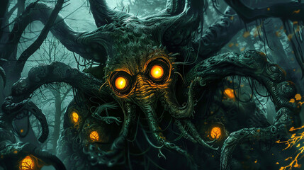 Eldritch monster portrait, sinister woodland backdrop, glowing eyes, fear incarnate, hyper resolution