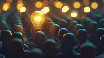 Standout thinker in a crowd, lone bright figure with an idea bulb, showcasing inspiration and uniqueness , realistic, hyper resolution, ultra clar