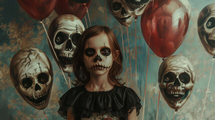 Spooky little girl with skull mask, balloons with haunting faces in the void, gothic charm
