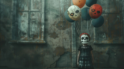 Spooky little girl with skull mask, balloons with haunting faces in the void, gothic charm - obrazy, fototapety, plakaty