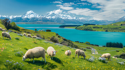 Road less traveled: A Serene Vista of New Zealand's Landscapes featuring Green Pastures, Azure Waters, and Snow-Capped Peaks - obrazy, fototapety, plakaty