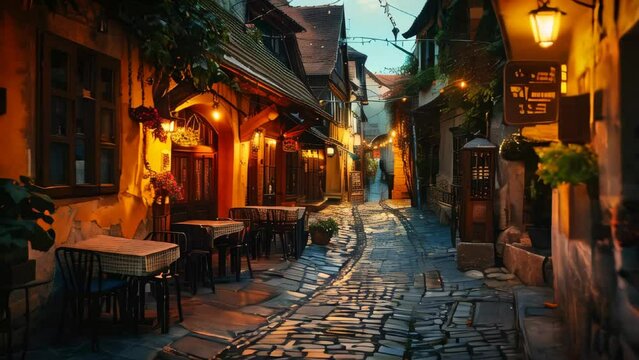 An old tavern on an old narrow paved street in a lovely old town in the evening