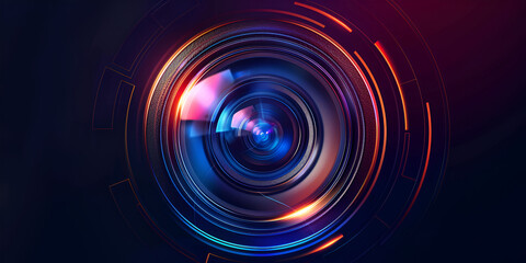 Stylised video camera lens with colourful neon light on dark background,digital camera, video recording, filming, cinematography, film production, video production,