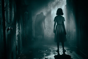 A chilling night descends as a young girls fearful eyes meet a sinister figures silhouette, hidden in the shadows