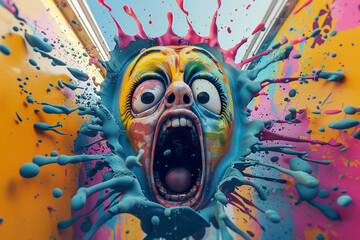 Cartoon horror meets street art, shocked face amidst color splash, pop culture blend, 3d render