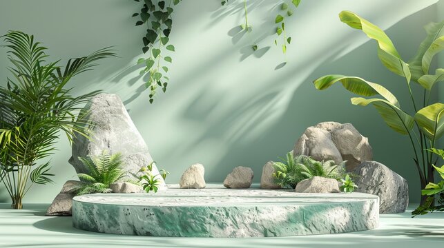 3D rendered stone stage with abstract leaf and rock elements, summer green background